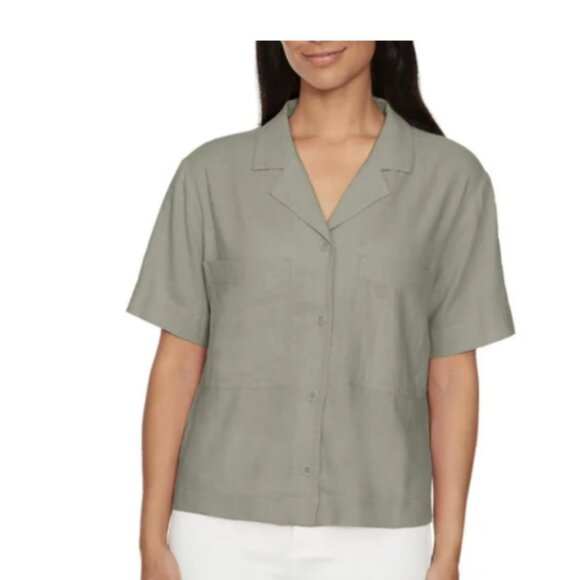 NWOT Buffalo David Bitton Women's L Short Sleeve  Linen Blend Button up Crop - Picture 1 of 9